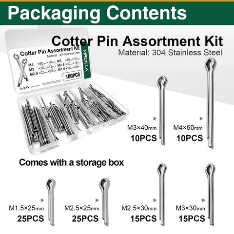 100 Piece Cotter Pins Assortment Kit Stainless Steel 304 Split Pins Set with storage box and sizes labeled