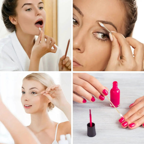 Collage of women using 6 Inch FSC Bamboo Cotton Swabs With Precision Tips for makeup, eyeliner application, and nail cleaning.