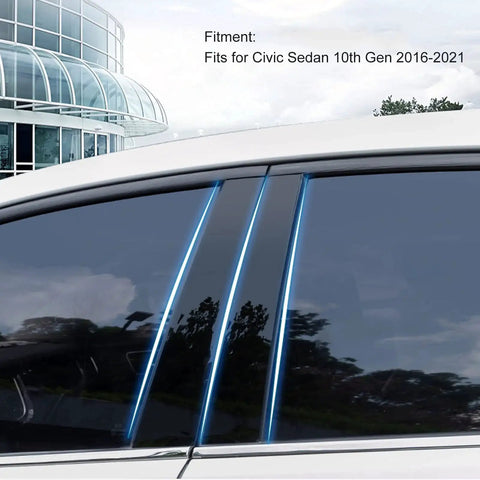 Side view of 6 Pcs Glossy Black Pillar Trim Covers For 2016 To 2021 10th Gen Civic on a vehicle.