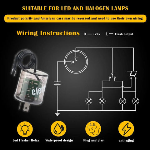 2 Pin LED Flasher Relay With Ground Wire For 12V Cars Trucks And SUVs, wiring diagram and features displayed, waterproof design