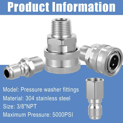 Eight Piece Pro Grade Stainless Steel Pressure Washer Quick Connect Fittings Kit Three Eighths Inch NPT Male And Female Adapters