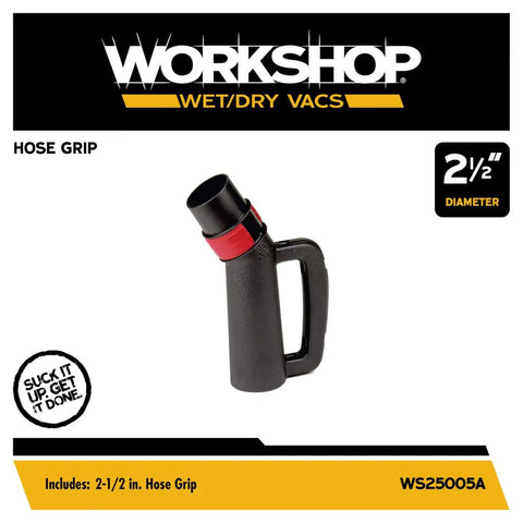 Wet Dry Vacuum Hose Grip Attachment With Bleeder Valve For Suction Control, shown in black with red valve, fits 2.5 inch hoses.