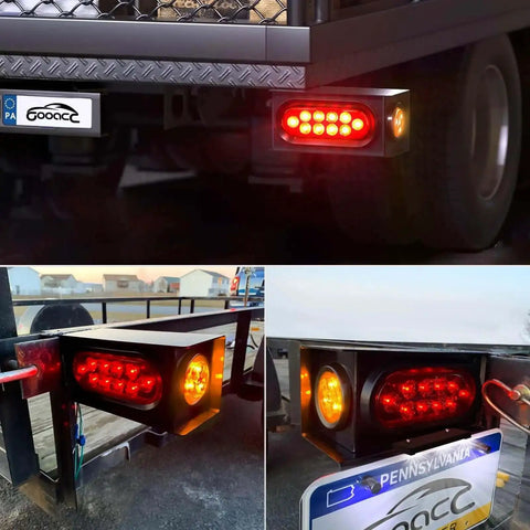 Steel Trailer Light Boxes Housing Kit Two Pack with Amber Side Marker Lights and Red Oval Stop Brake Turn Signals installed.