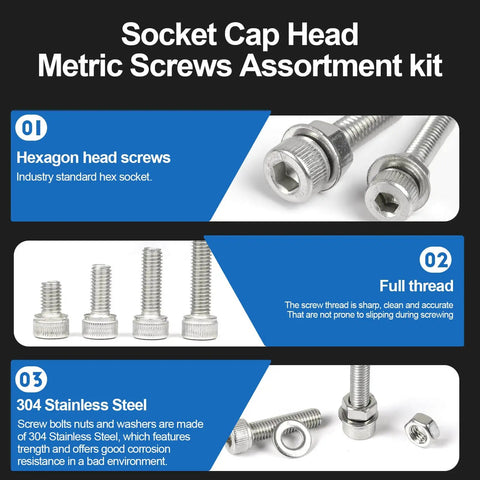 Socket Cap Head Metric Screws Assortment Kit with hexagon head screws, full thread, and 304 stainless steel material.