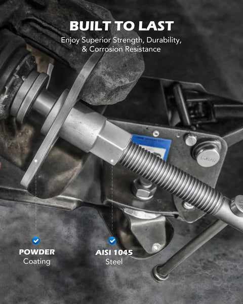 Close-up of AISI 1045 steel components in the 24 Piece Brake Caliper Compression Tool Set For Universal Disc Brakes With Heavy Duty Piston Wind Back Kit And Caliper Hangers In Blue Case Orion Motor Tech.