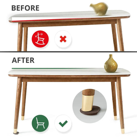 Before and after use of 30 Pack 2 Inch Brown Rubber Furniture Levelers With Non Slip Grip Shims for wobble-free adjustment on table