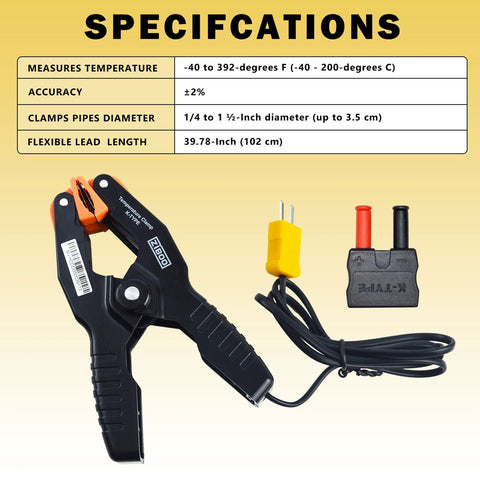 ZIBOO 69140 K-Type temperature clamp thermometer with black handle, orange jaws, yellow sensor adapter and lead wires