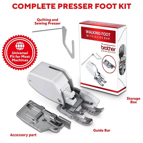 Front view of universal walking foot presser foot kit for low-shank sewing machines with guide bar and storage box.