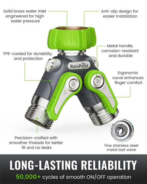 RainPoint garden hose splitter, 2-way metal Y-spigot with 1.9-inch metal handle; green color, 3/4 in GHT threads