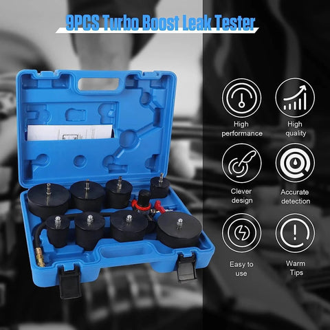 Turbo Boost Leak Tester Kit For Turbo System With Pressure Gauge 10 Piece Leak Down Tester Set Includes Four Pairs Of Stepped Adapters From 1.38 To 3.54 Inches For Easy Troubleshooting Of Turbo Leaks And Cooling System Piping Angchun in blue carrying case.
