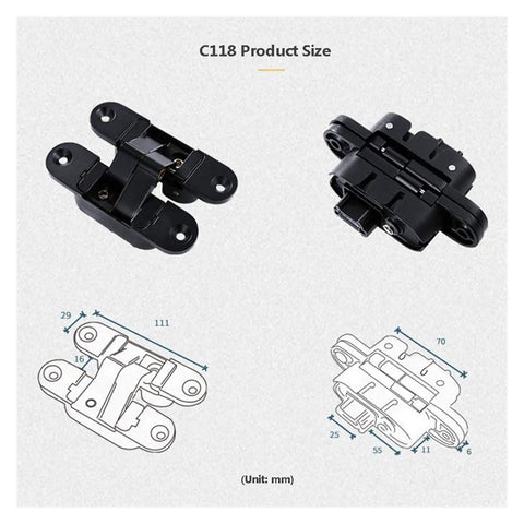 Concealed Three Dimensional Adjustable Door Hinge In Zinc Alloy For 180 Degree Cross Hinge Opening Right Open Gold Finish With Acoustic Nylon Pads