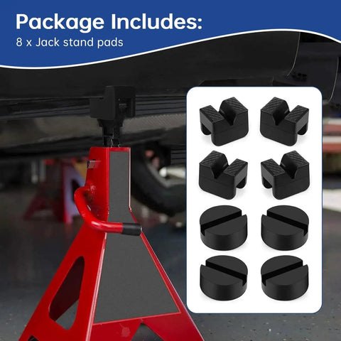 Universal Rubber Pads For Jack Stands Set 8 Pieces In 2 Types For Slotted Rails showing slotted and round pads installed on jack stand