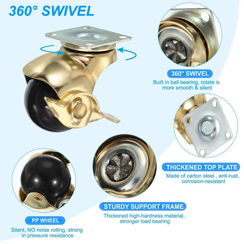 1.5 Inch Ball Caster Wheels With Brake, 4 Pack, 360 Degree Swivel Top Plate, 298 Lbs Total Capacity, locking casters details