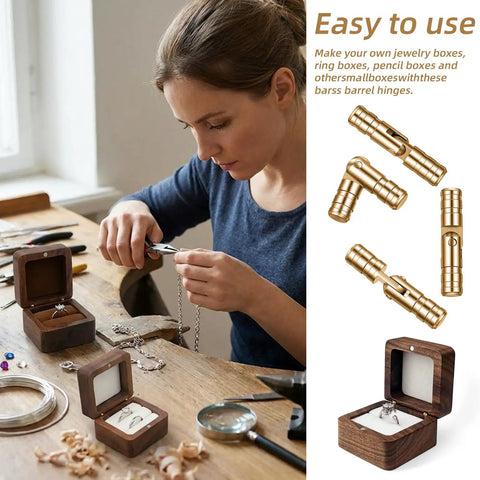 Invisible Brass Barrel Hinges 25 Pack, 20x4mm Hidden Concealed Hinges for jewelry boxes and DIY projects shown with jewelry box