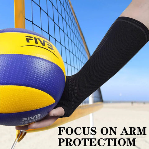 Volleyball Arm Sleeves Gear Compression Forearm Guards in use during outdoor game, showing non-slip silicone grip on player’s arm.