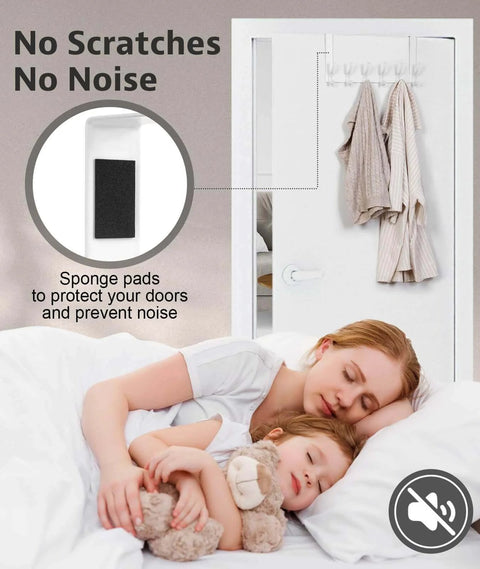 Mother and child sleeping peacefully with door hanger showing sponge pads for noise reduction and scratch prevention.