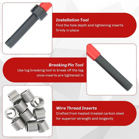 Installation tool, breaking pin, and wire thread inserts from 131-Piece Metric Helicoil Thread Repair Kit With HSS Drill Bits And Thread Inserts For M5 To M12 Pro-Grade DIY Repair Set For Automotive Motorcycle Equipment And Machinery Includes Durable Thread Inserts And Tools