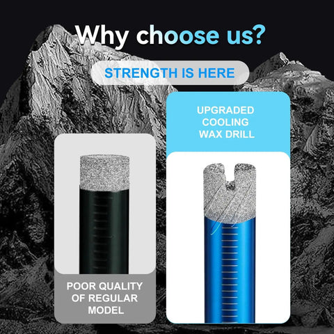 Comparison of poor quality regular drill with upgraded cooling wax drill from Ten Piece Dry Diamond Drill Bits Set With One Quarter Inch Shank For Ceramic Tile Granite Marble Glass Concrete And Masonry Drilling, Precise Dry Core Bits For Hard Materials, Versatile Kit For Clean Fast Cuts