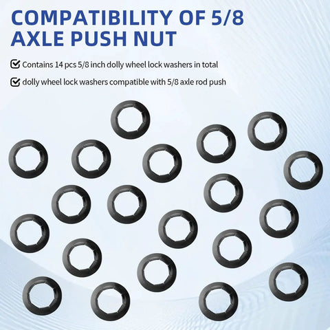 Five Eighth Inch Wheel Lock Washers For Axle Rods 20 Pcs Manganese Steel shown in arrangement with text overlay
