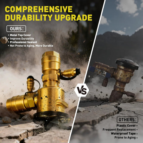 1-inch brass backflow preventer for irrigation with metal top cover; split view shows new vs worn model.