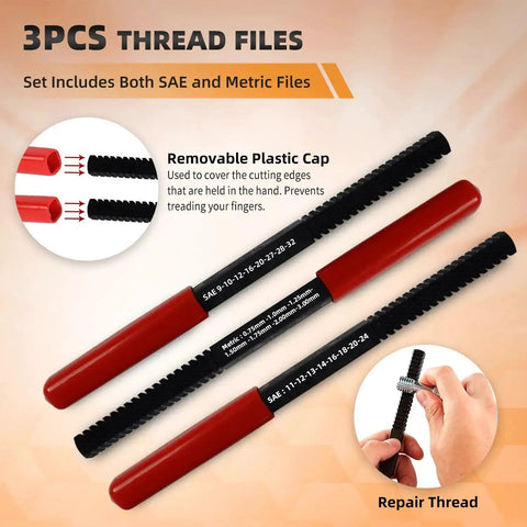 61 Piece Thread Chaser Repair Kit Rethread Tools With UNC UNF And Metric Thread Restorers Plus Thread Pitch Gauge Beefy Heavy Duty Steel For Fixing Damaged Threads And Quick Replacements showing SAE and metric thread files with red handles.