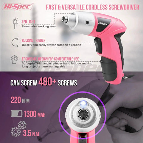 Pink Cordless Electric Screwdriver Kit For Quick Home Repairs And DIY, showing LED light, ergonomic handle, 220 RPM, 1300 mAh battery.