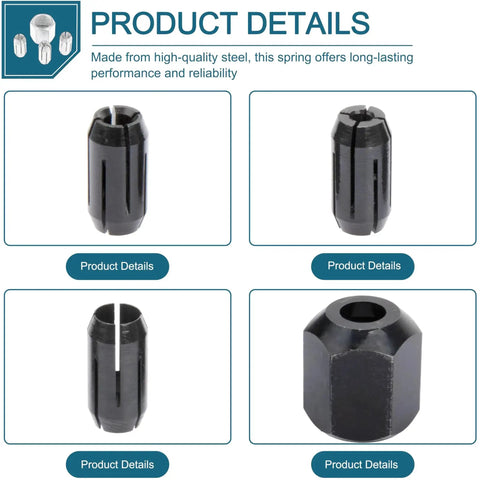 Replacement Collet And Nut Kit For RotoZip Spiral Saw Tools And Drywall Routers Includes One Eighth Inch Collet One Five Thirty Second Inch Collet And One Quarter Inch Collet With Nut in product detail images.