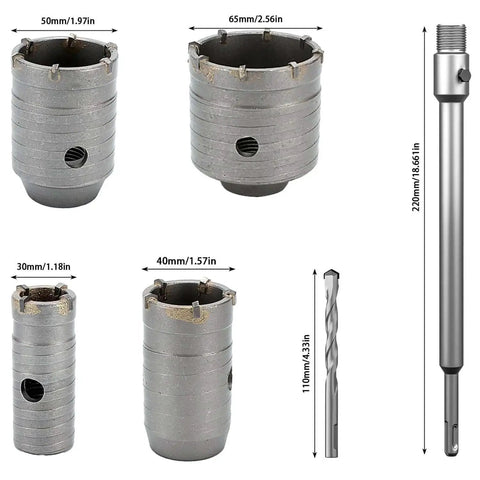 Heavy Duty Tungsten Carbide Core Drill Bit Set With SDS Adapter And Concrete Hole Saw Kit showing 4 core bits and SDS adapter sizes