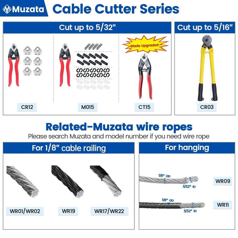 Heavy Duty Stainless Steel Cable Cutter For Wire Rope Up To One Eighth To Five Thirty Seconds Of An Inch The Workhorse For Deck Railing Fences Bike Housing And Metal Projects Aircraft Grade Build Model M015 By Muzata displayed alongside other cable cutter models and wire ropes.