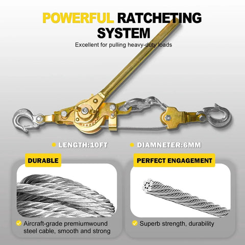 3T Come Along Winch 10ft Cable Hoist With Two Hooks Heavy Duty Ratchet shown with galvanized cable and ratcheting system