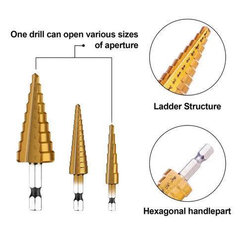 Step Drill Bit Set 3 Piece HSS Titanium Coated High Speed Steel With One Quarter Inch Hex Shank For Easy Sheet Metal And Plastic Hole Drilling Unibit Cone Bits Cut From One Eighth Inch To Three Quarter Inch DIY Friendly shown with ladder structure and hexagonal handle