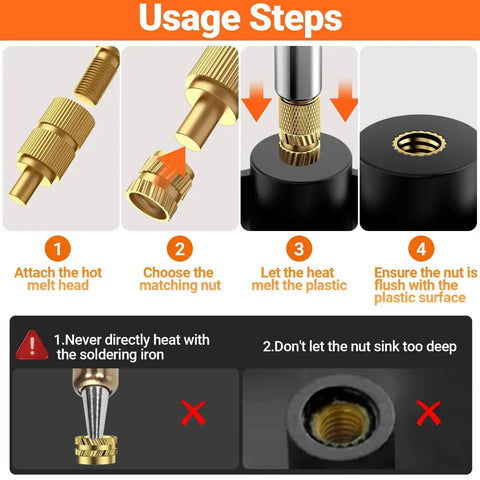 Heat Set Threaded Inserts Kit With 716 Pieces Including M2 M3 M4 M5 M6 Inserts, Nuts, Bolts, Washers And 60W Soldering Iron With Holder, 5 Tips, Maker Friendly For 3D Printer Parts And Plastic Projects usage steps graphic showing insert installation process.