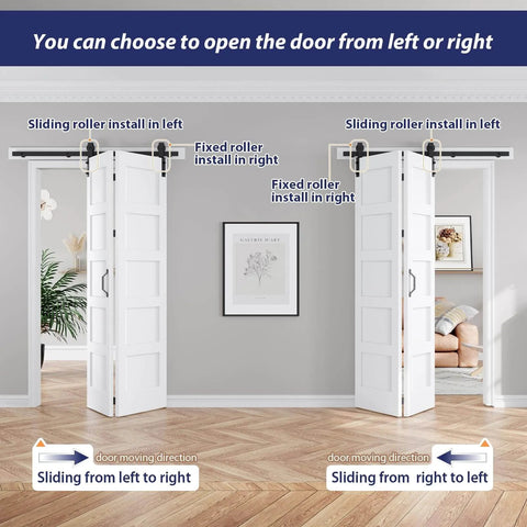 White Double 21x84 Bifold Barn Closet Doors With 46 Inch Hardware Track Kit Solid MDF With Waterproof PVC Surface shown installed