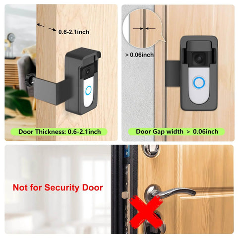 Anti-Theft Doorbell Camera Mount No-Drill For Battery Doorbells installation guide showing door thickness compatibility.