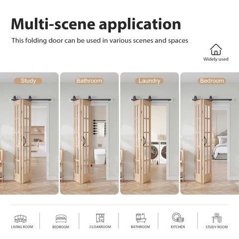 Double 18x84 Inch Bifold French Glass Door Kit With 3.3 Ft Hardware Track in various home settings like study and bathroom.