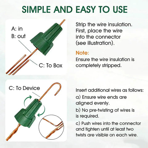 Diagram showing installation of Winged Ground Wire Connector Nuts Pack Of 100, UL 467 and CSA listed for electrical grounding.