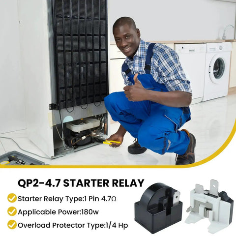 Technician installing QP2-4r7 Refrigerator Starter Relay and Overload Protector Kit in mini fridge setting, showing components and usage.