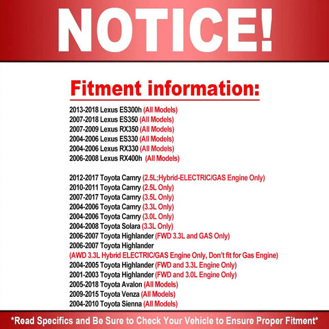 Fitment information notice for Front Wheel Bearing Hub Assembly 5 Lug For Toyota Camry Venza Sienna Avalon Solara Highlander And Lexus ES300h ES350 RX350 ES330 RX330 RX400h Replacement 510063