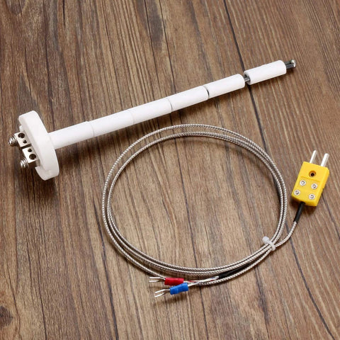 K-type kiln thermocouple probe with ceramic insulator rod, braided stainless leads, yellow 2-pin plug