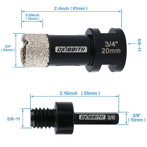 3/4 Inch Dry Diamond Core Drill Bit For Tile Porcelain Ceramic Granite Brick Concrete With Vacuum Brazed Hole Saw And 5/8-11 To 3/8 Hex Shank Adapter By DKIBBITH For Grinders Ideal For Cutting Holes In Shower Plumbing And AC Installations, showing dimensions