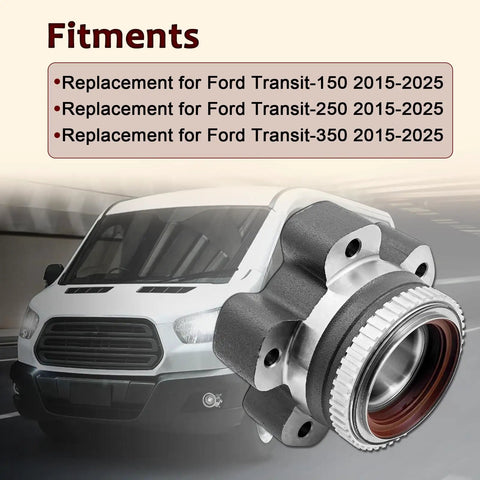 Rugged Rear Wheel Bearing Hub Assembly Replacement for Ford Transit 2015 to 2025 displayed on van backdrop.