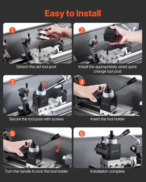 Installation guide for No Fuss Quick Change Tool Post Set For Lathes, 8 Piece Kit With Tool Holders, Fits 6 To 12 Inch Swing Mini Lathe And Metal Lathe, Durable Steel Construction, Easy Tool Changes, Lathe Accessories By VEVOR.