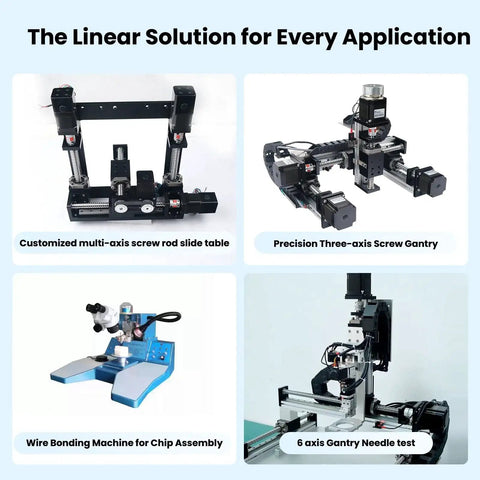 Collage of linear guide solutions including a multi-axis screw slide table, three-axis screw gantry, wire bonding machine, and gantry needle test.