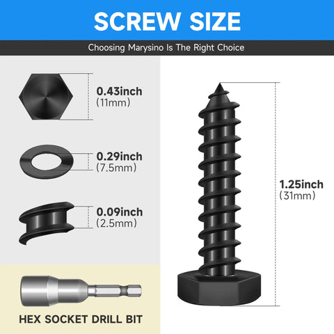 Detailed view of 20 Pack 1/4 X 1-1/4 Inch Lag Screws For Wood Stainless Steel Heavy Duty Hex Head Bolts Black Oxide Commercial Grade 304