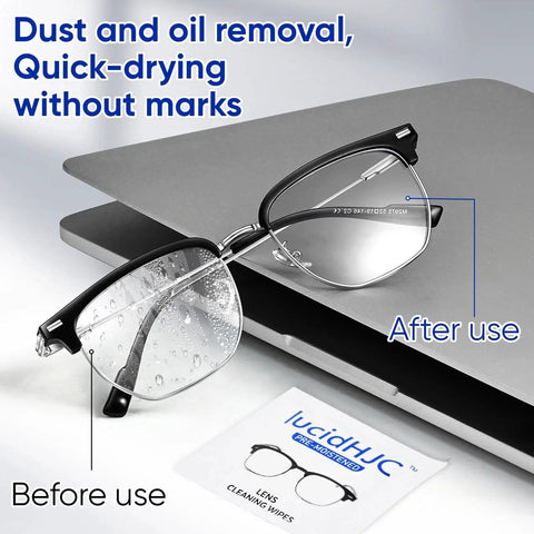 Image showing Multiuse Lens Wipes For Glasses, Cameras And Screens, 400 Individually Wrapped used on eyeglasses before and after cleaning.