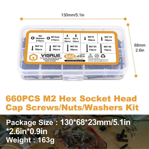 660 Piece M2 Socket Head Cap Screws Kit With Nuts And Washers Black Oxide 2mm Thread Hex Drive in clear box