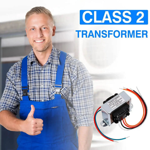 Man in blue overalls next to 24V 40VA Control Transformer For HVAC And Furnace With 24V Secondary Isolation Primary 120 208 240V Foot Mount Multi Tap For Relays Gas Valves And Control Circuits