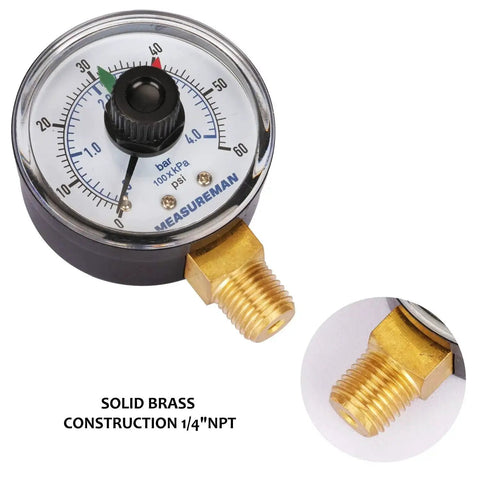Boxed Pressure Gauge For Pool And Spa Filters With 2 Inch Dial And One Quarter Inch NPT Bottom Mount, brass connector detail