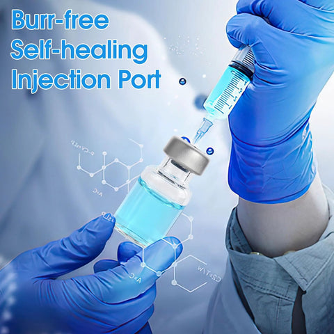 2ml glass sterile injection vial with flip cap and self-healing port, held by gloved hands with a syringe