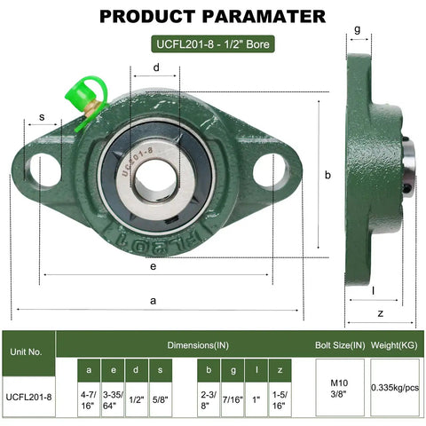 2 Pack Pillow Block Bearings With Flange Mount, Self Aligning, One Half Inch Bore, Steel Bearings, front and side view dimensions